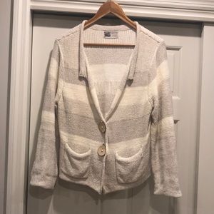 Habitat Clothes to live in cream and tan sweater with 2 large coconut buttons